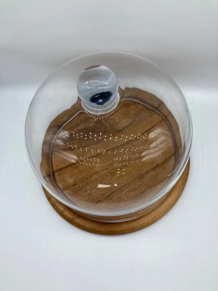 Vintage Acacia Wood Cheese Tray Board With Heavy Glass Dome Cover