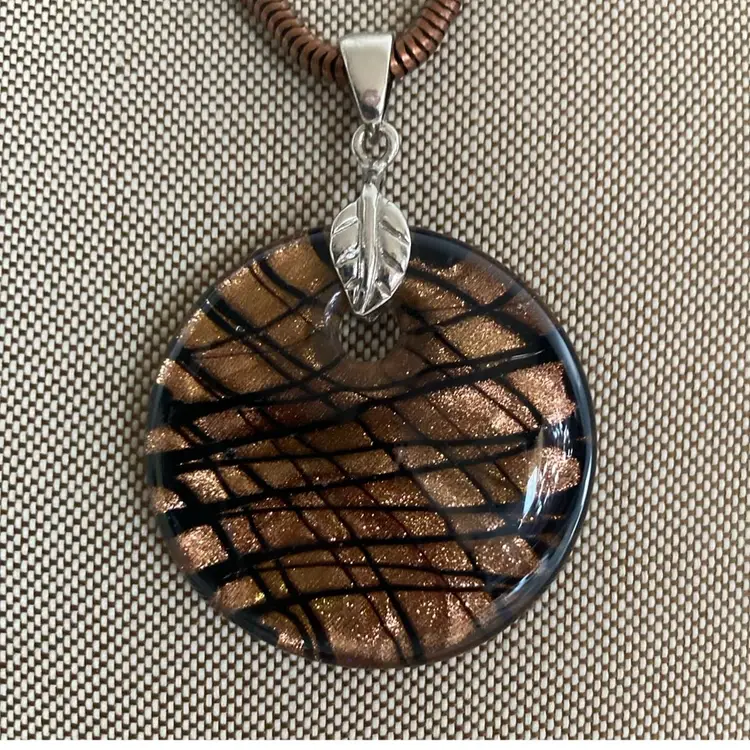 Artisan Fused Dichroic Glass Pendant Necklace with Wavy Op Art Design