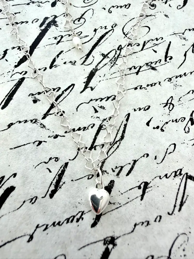 Petite Sterling Silver Puff Heart Pendant On Heart Chain Necklace