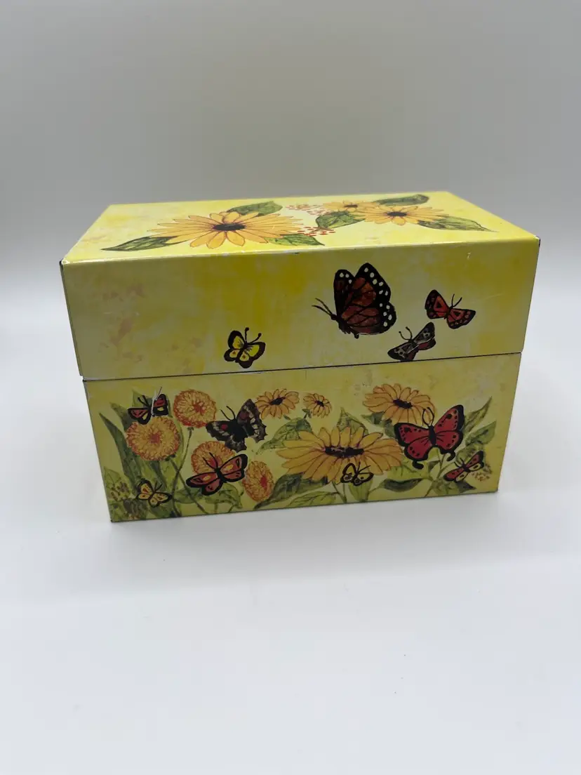 Syndicate Mfg Co Recipe Tin Vintage 60s-70s Yellow Flowers Butterflies Colorful