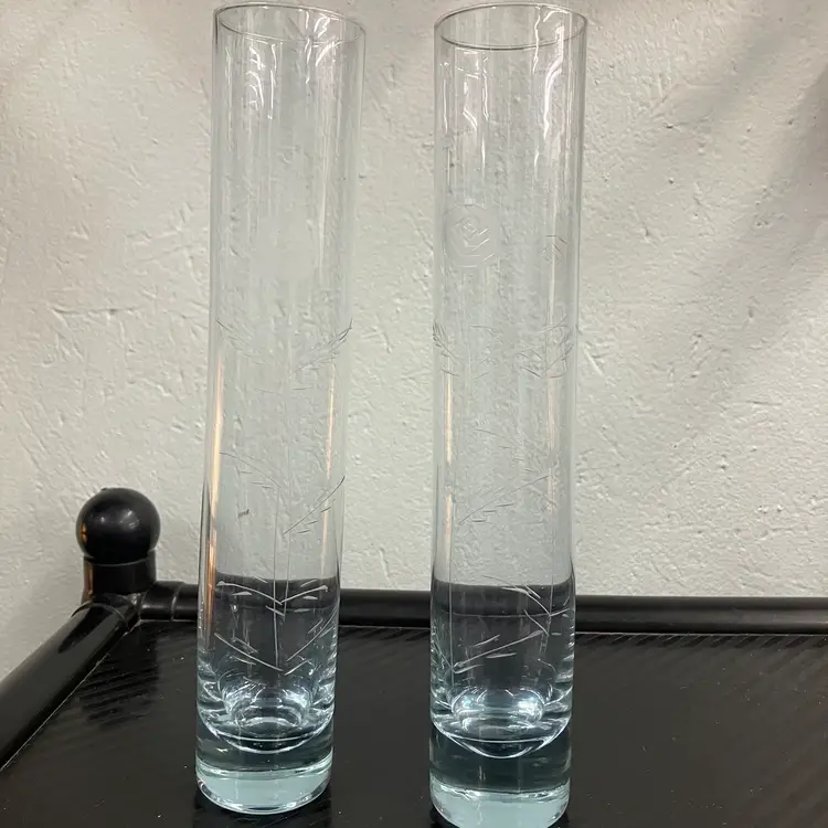 Vintage Neodymium Purple/Blue Glass Cylinder Bud Vase With Etched Roses 9.5”