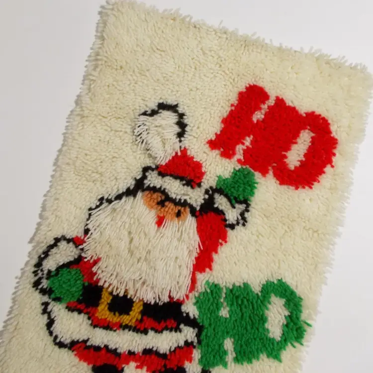 Santa Claus Rug Christmas Rug Latch Hook Rug Ho Ho Ho Vintage Handmade Finished Completed 17 x 30 Holiday Decor
