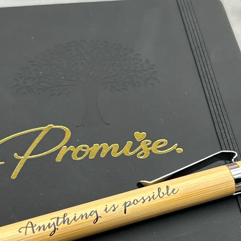 New Promise Collection Black Leather Bound Lined Journal | Tree of Life Notebook with Inspirational Pen