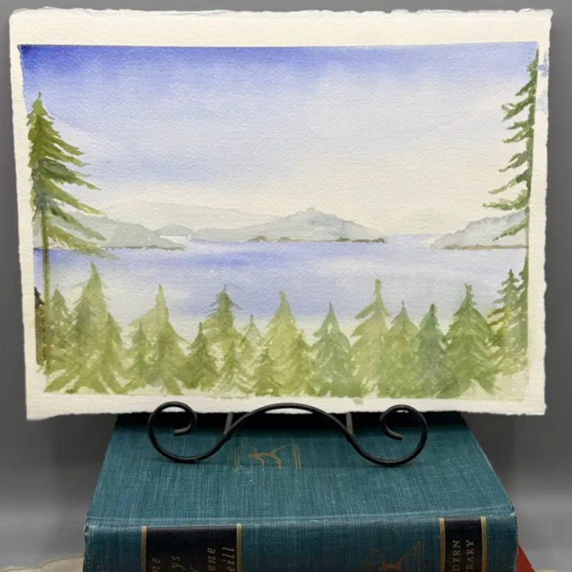 Original Watercolor Painting - Misty Mountain Lake Landscape with Pine Forest 9.5”x12”
