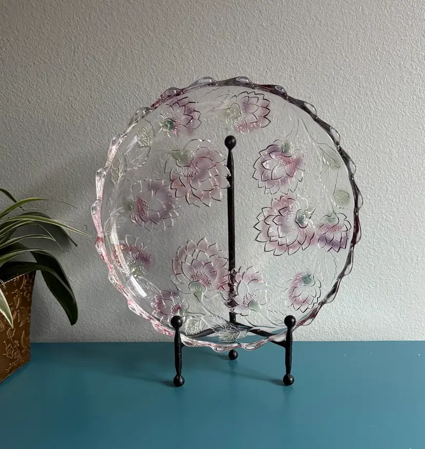 Vintage MIKASA ROSSELLA Pink Frosted Glass Serving Platter Cake Plate"