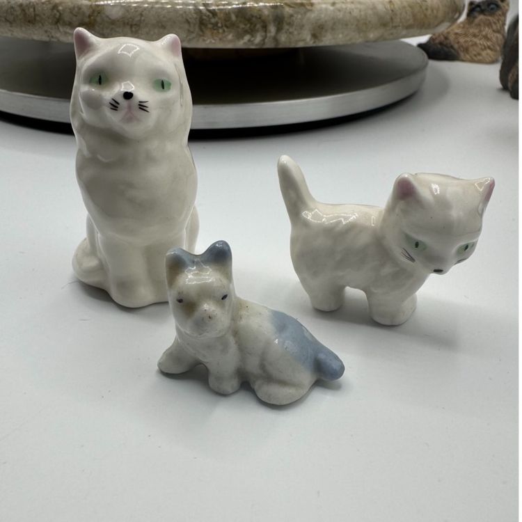 Vintage 3 Goebel Germany Miniature Figurines Cat And Kitten With Green Eyes And Dog