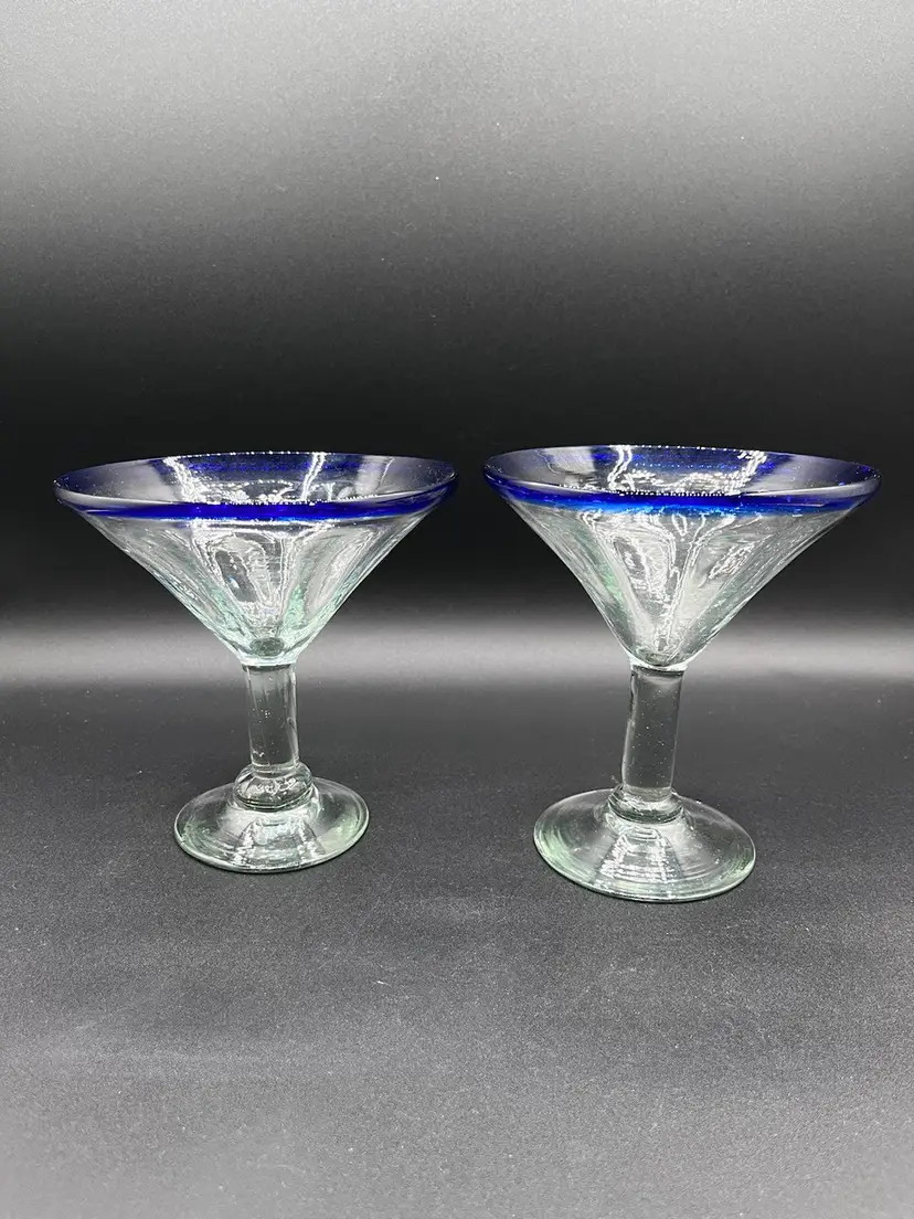 Pair Of Mexican Clear Blown Glass Martini/Margarita Glasses With Cobalt Blue Rim 🍸