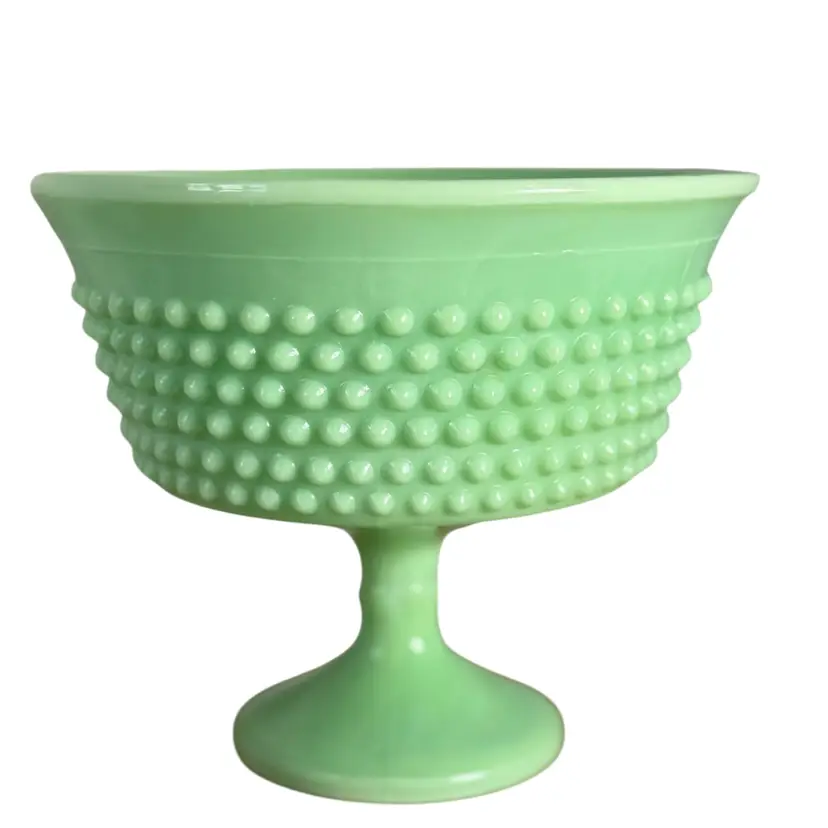 L E SMITH Jadeite Green Milk Glass Hobnail Pedestal Compote Bowl Vintage
6” T x 7” W