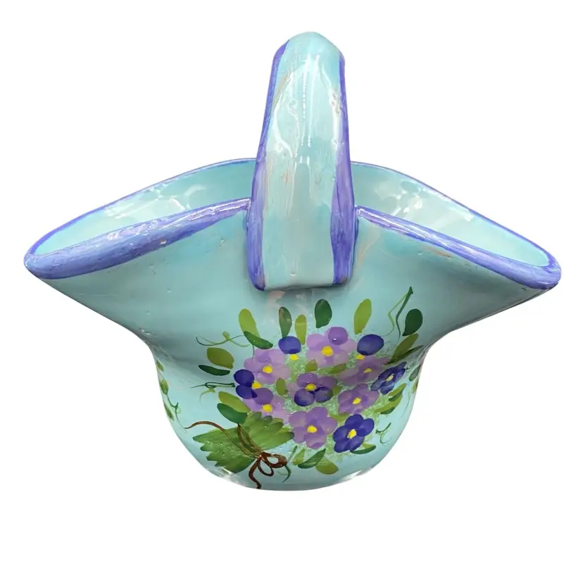 Maxcera Handmade Pottery, Large Majolica Basket/Planter, Blue w/Purple Violets