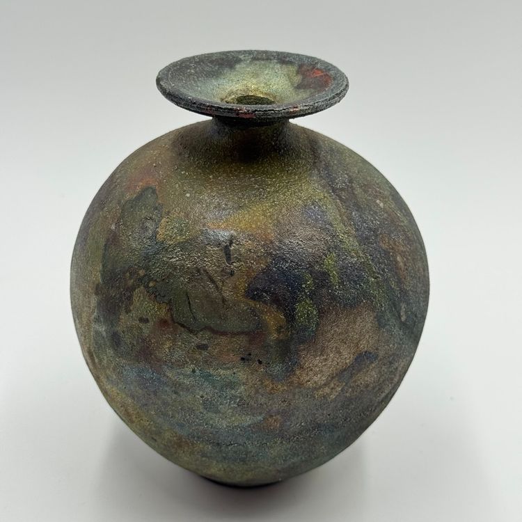 Raku Studio Art Pottery Round Weed Pot Bud Vase Shimmering Metallic Tones