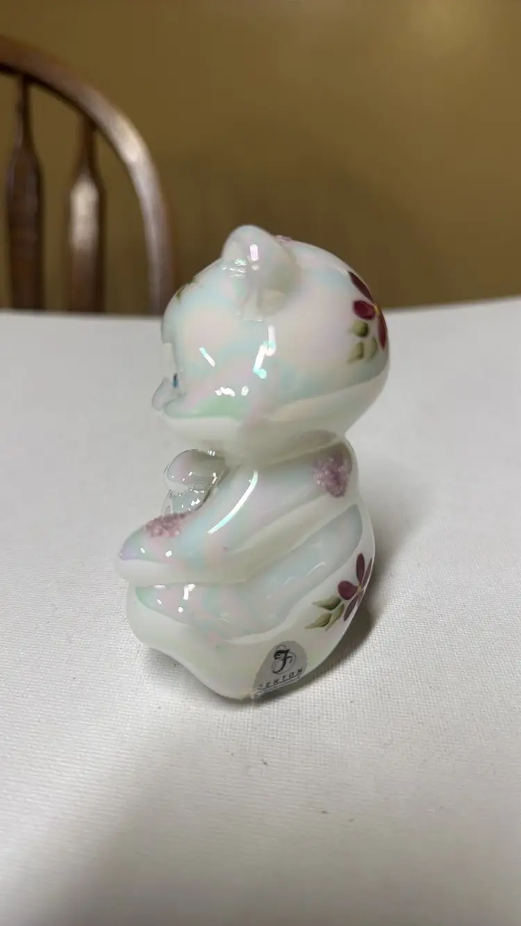 Fenton Bear Opal Iridescent Hand Painted Flowers & Hearts Signed/Sticker