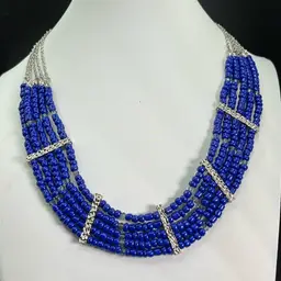 Royal Blue Glass Bead Necklace, Five Strand, Silver Tone 20” Long