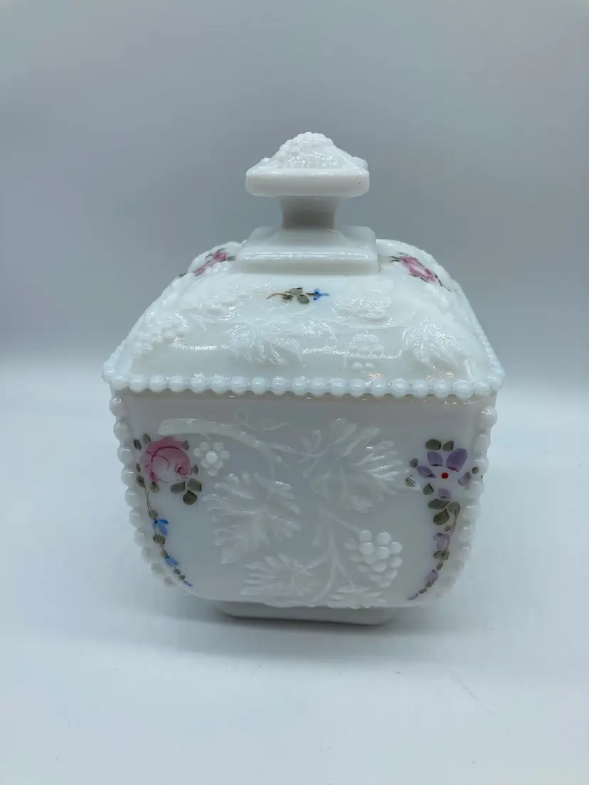 1975 Westmoreland Painted Roses & Bows Square Covered Puff Box Candy Milk Glass/Wedding Box w/ Lid 5 1/2" tall, 3 1/2" wide