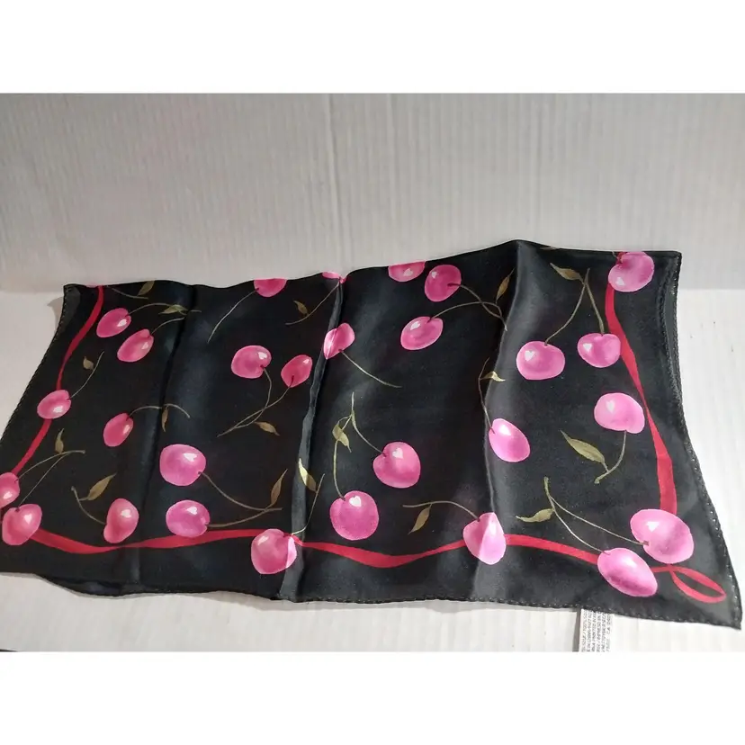 Vintage-Elaine Gold for Collection 18, Pink Cherries on Black, 21x21 Silk Scarf-SAMPLE/Like New/NWOT?