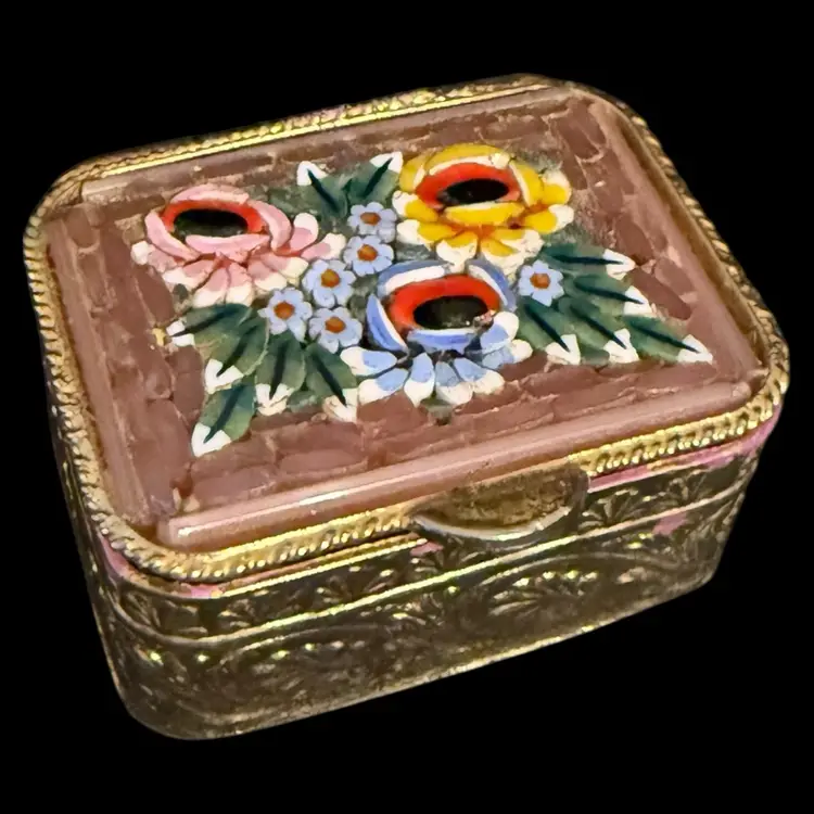 Micro Mosaic Purple Border  Floral Pill Box 1.5”