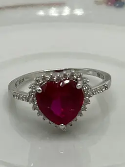 Heart Ruby & CZ Halo Ring • 925 Sterling Silver • Red Lab Ruby • Preloved Bling