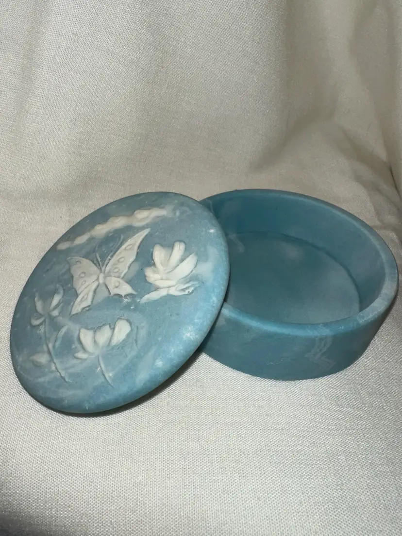 Design Gifts R. Nemith Round Blue Soapstone Butterfly Design Trinket Box