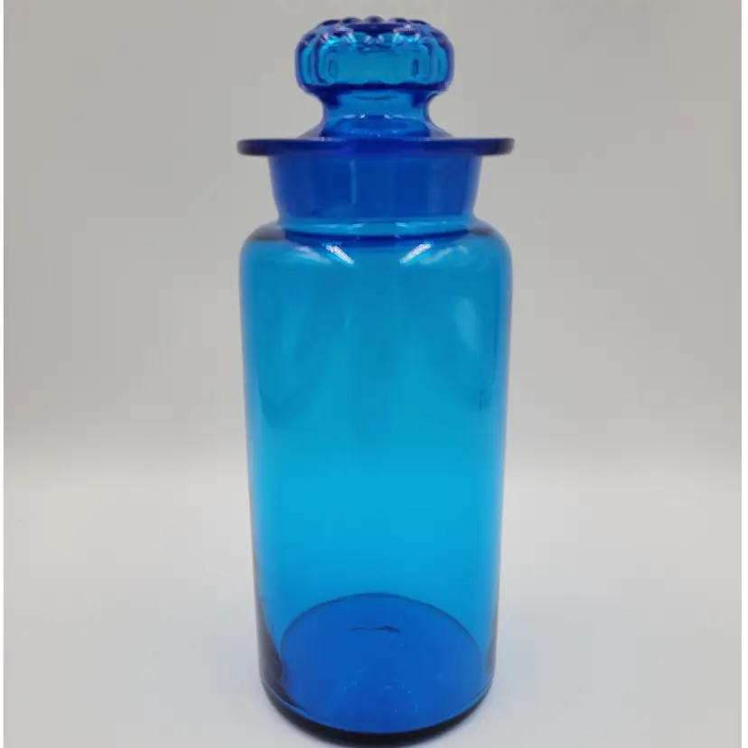 Vintage MCM Blue Glass Apothecary Canister W/Daisy Lid