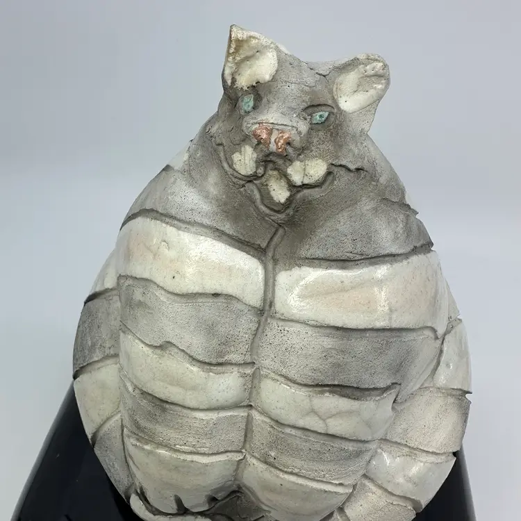 Raku Pottery Cat Figurine Sculpture Signed