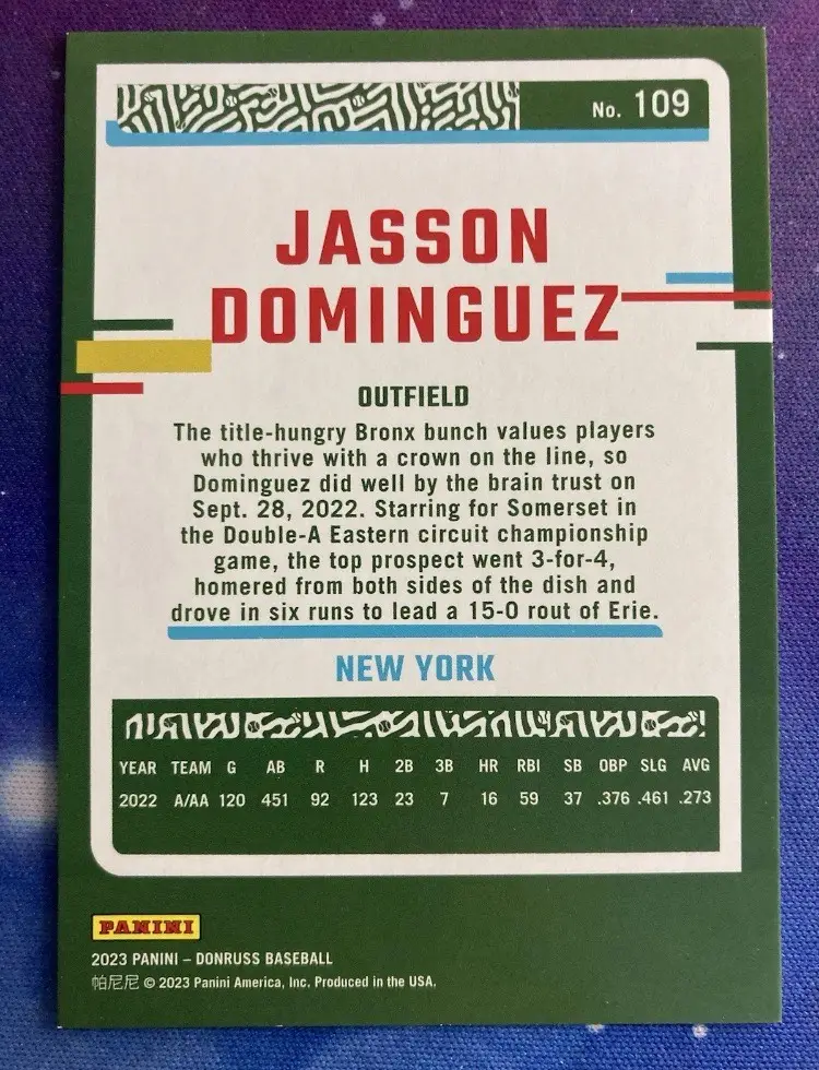 2023 Jasson Dominguez /123 Panini Donruss Season Stat Line #109 New York Yankees
