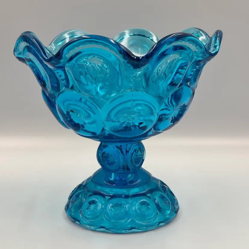 Le Smith Moon & Stars Blue Glass Compote Pedestal Footed Candy Dish Bowl 5”x5.5” GLOWS