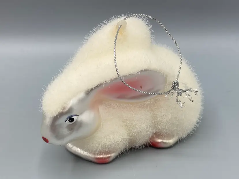 Macy's Christmas Baby Bunny Rabbit Glass Blown Ornament - Flocked