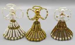 Vintage Handmade Beaded Safety Pin Angels Set 3 Faux pearls ornaments/figurines