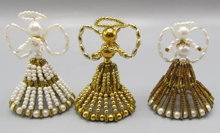 Vintage Handmade Beaded Safety Pin Angels Set 3 Faux pearls ornaments/figurines