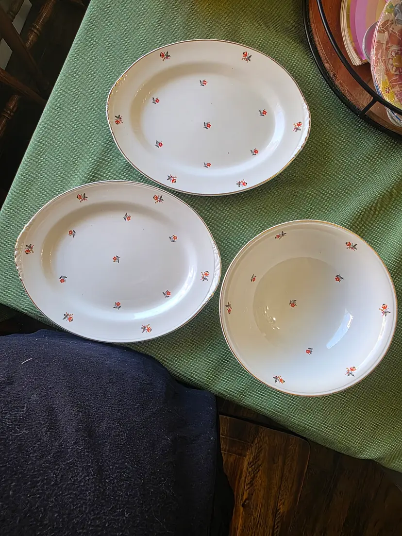 Homer Laughlin Cunningham & Pickett Hand Decorated Cardinal Design Serving Platters and Bowl.