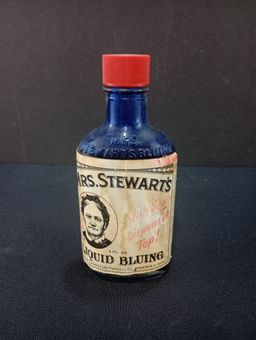 Vintage Mrs Stewarts Liquid Bluing Filled Glass Bottle 5.5" tall