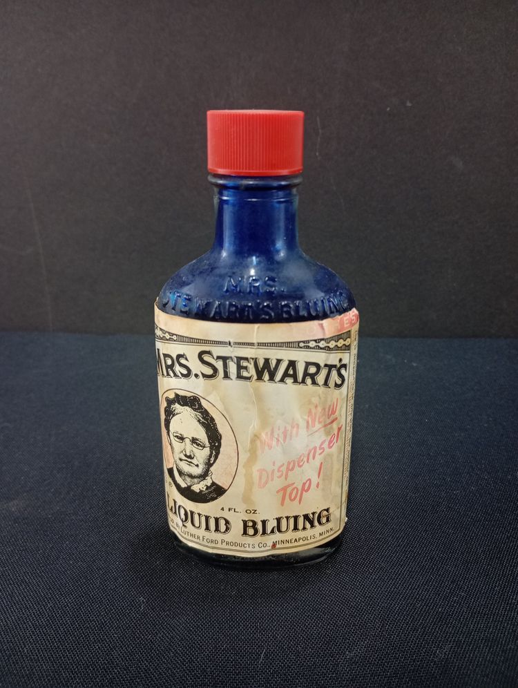 Vintage Mrs Stewarts Liquid Bluing Filled Glass Bottle 5.5" tall