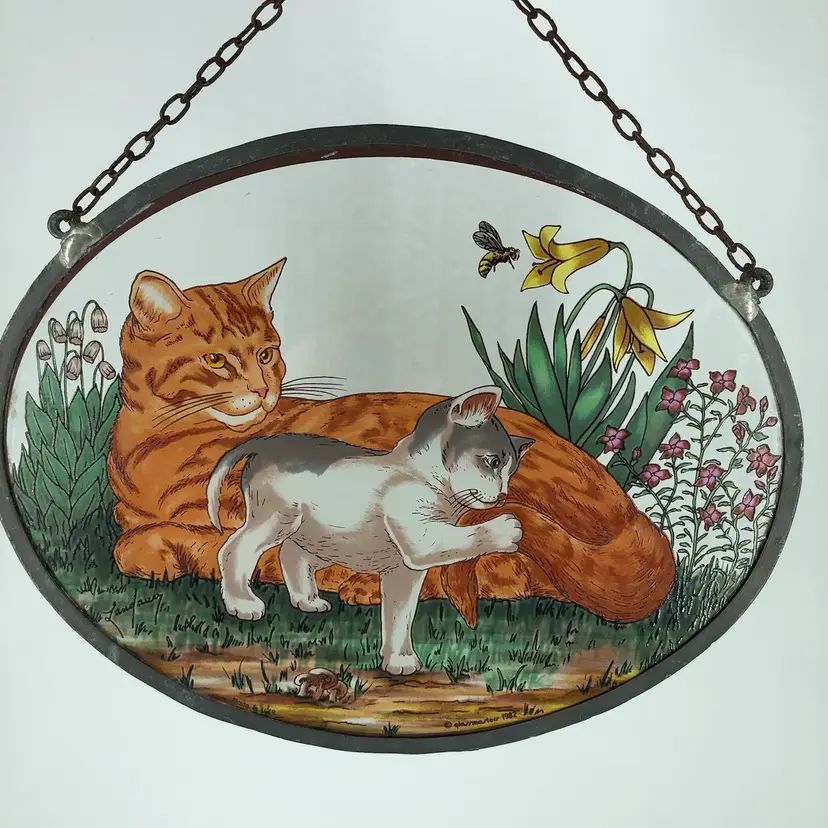 Vintage Stained Glass Orange Cat with Kitten Sun Catcher
