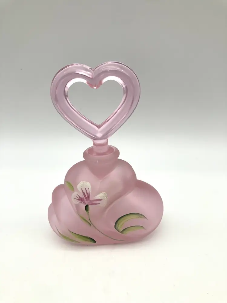 BIN - Fenton Pink Satin Hand Painted Art Glass Perfume Bottle - Butterfly And Flowers - With Heart Stopper 4.5”