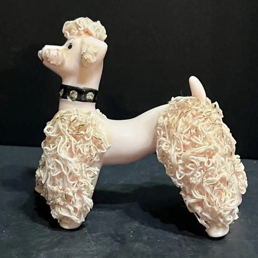 1950s Pink Spaghetti Poodle w/ Black Jeweled Collar, Japan ~4” x 4.5” x 2.25”