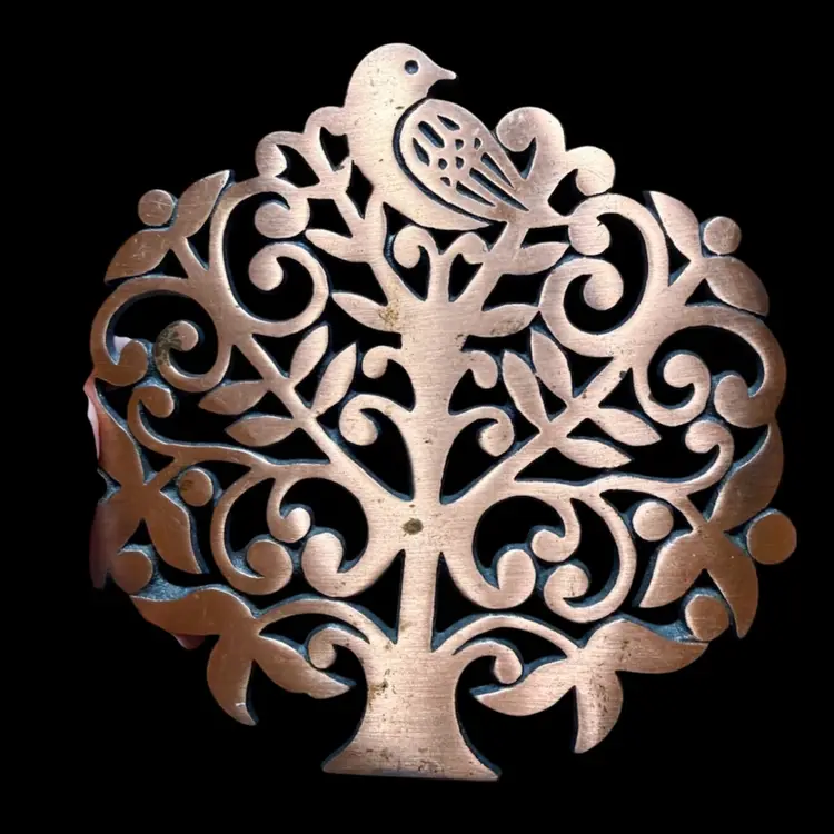 7.5” Vintage Copper Cast Iron Trivet, Tree Of Life, Bird