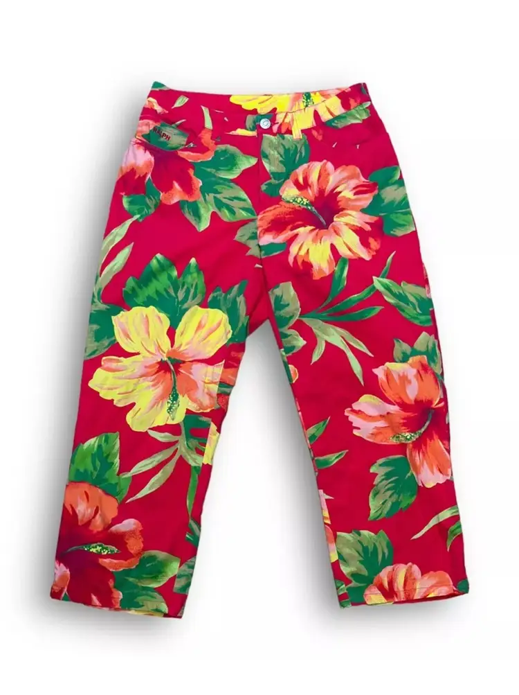 Women’s Vintage Ralph by Ralph Lauren Bright Ruby Red Yellow Green Hibiscus Tropical Flower Straight Fitted Petite Capri Pants US Size XS/0
