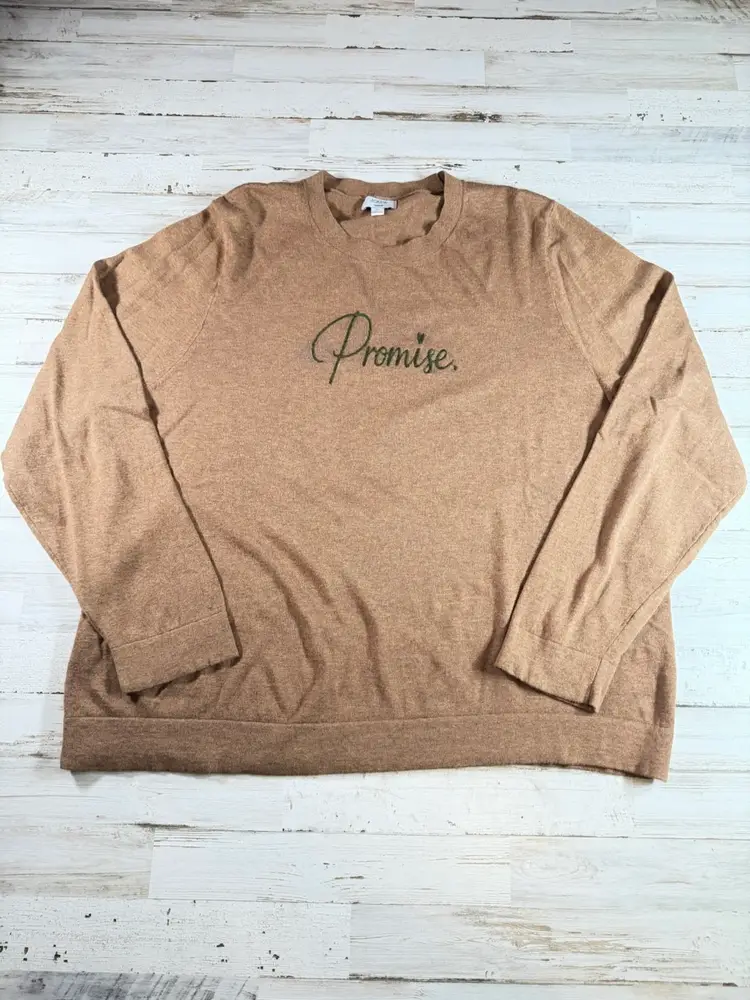 J.Crew Teddie Sweater 2X – “Promise.” Hand-Embroidered Cotton Pullover | Camel Tan