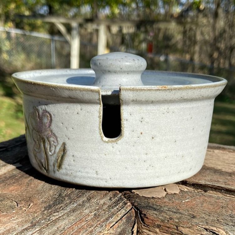 Hand-made, Lidded Pottery Butter Crock With Slot For Knife (not included). Artist Signed & Dated “Best 90”. 4 7/8”w x 2.75”h.