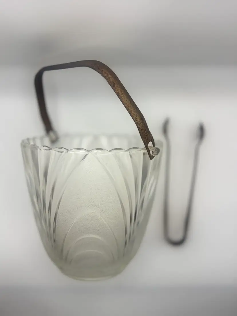 Vintage Clear Glass Draped Ice Bucket With Metal Handle And Tongs 6” H; 6” Diameter