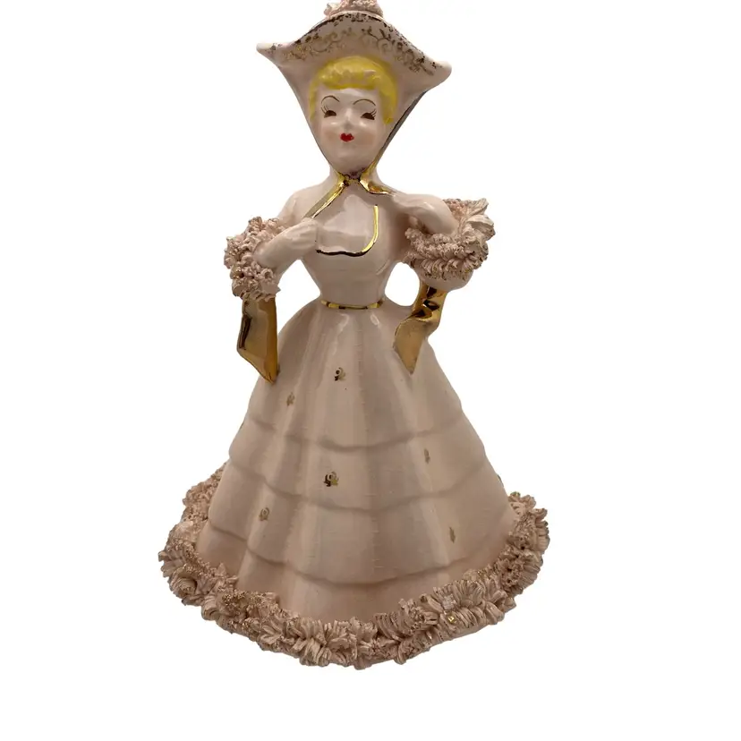 Vintage Relpo Victorian Lady Hat Dress Figurine Planter Spaghetti Trim 1950s