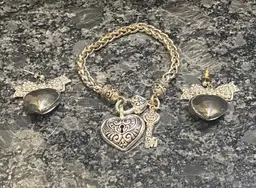 Chain Bracelet With Heart And key & Pair Of Heart With Bow Earrings