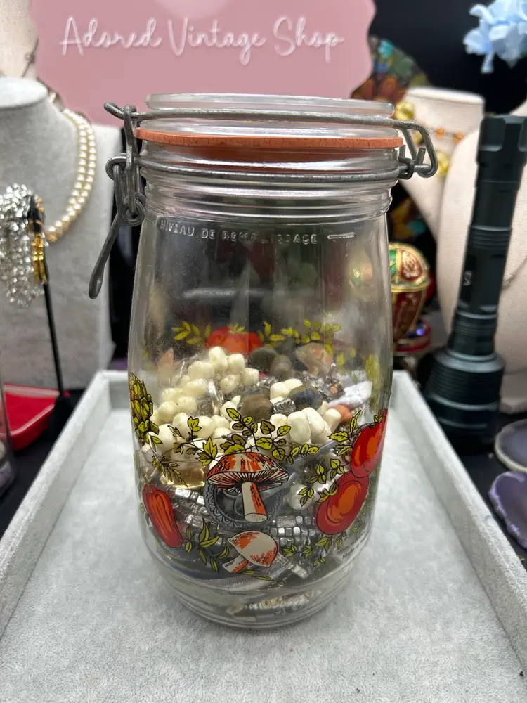 Vintage Le Parfait French Glass Jar – Mushroom & Tomato Design – Filled with Vintage to Modern Wearable Jewelry – 8” Made in France
