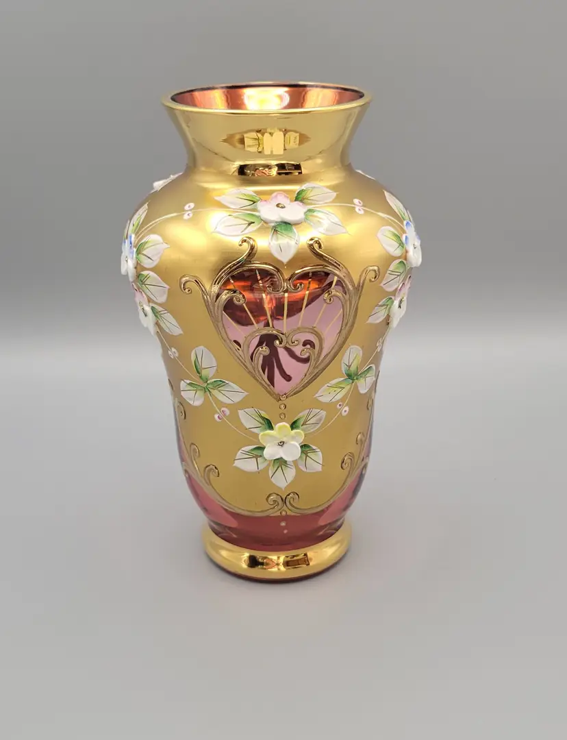 #01 Vintage Bohemian Czech Enameled & Gilted Hand Painted Floral Cranberry Vase