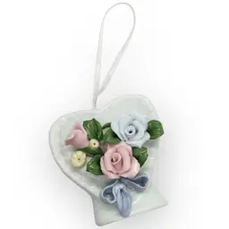 Vintage White Porcelain Heart Pomander  With Flowers And Ribbon In Mint Condition