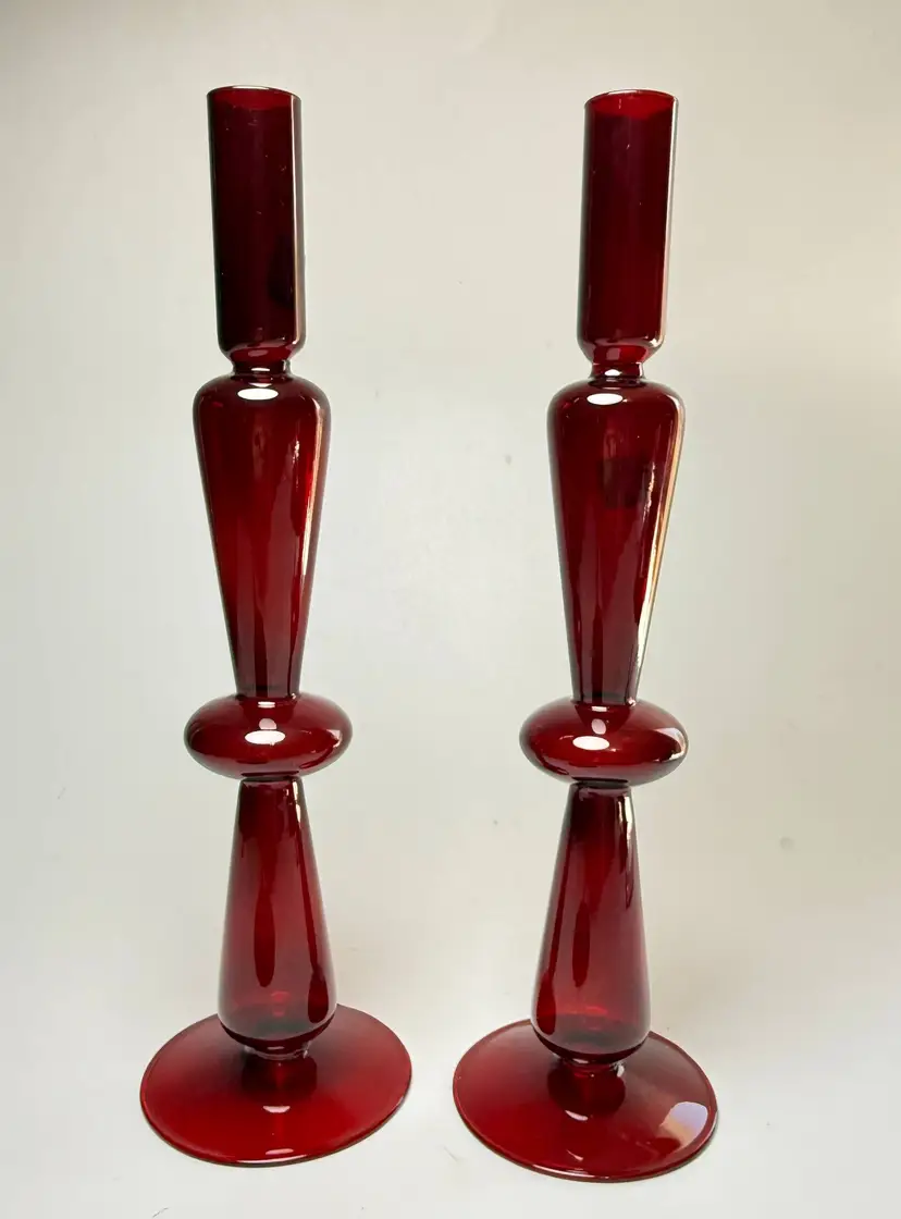 Pair 12" Hand Blown Ruby Red Glass Taper Candle Holders Mod Mid Century Design