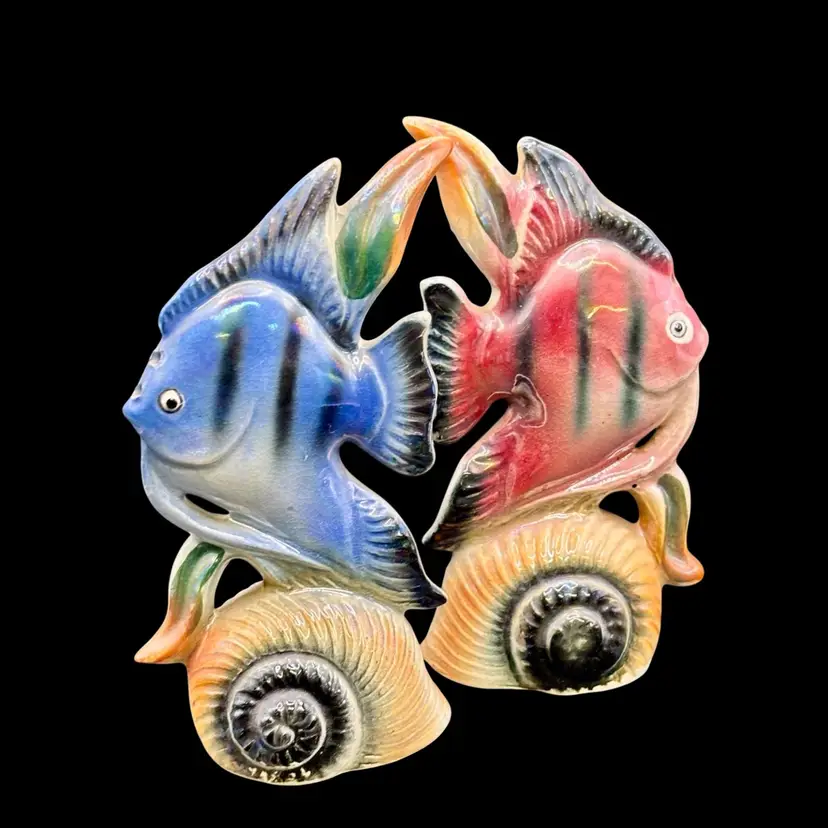 Vintage Tropical Fish On Shells Salt & Pepper Shakers 5"