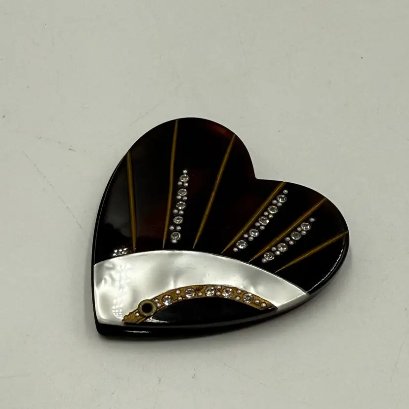 Art Deco Heart Shaped Tortoise Shell Rhinestone Purse Travel Swivel Hand Mirror