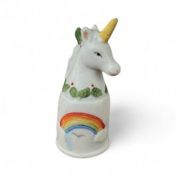 Enesco Bisque Unicorn Thimble with Rainbow and Flowers