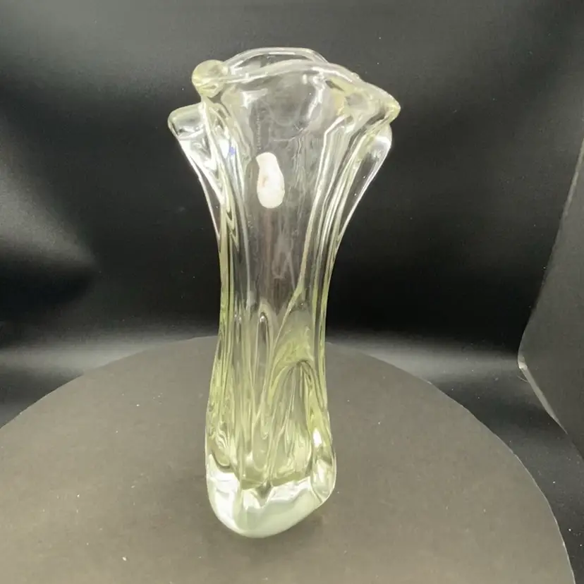 #0504 MCM Art Glass Czech 1960s Yellow to Clear Vase 10 inch