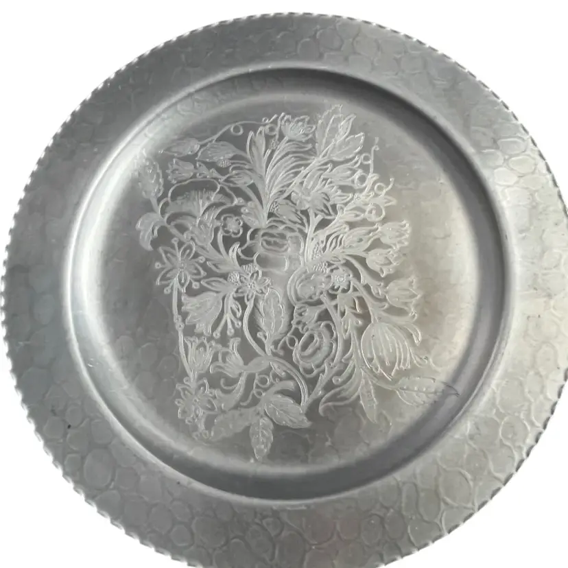 Vintage embossed aluminum serving tray with floral design. 14”